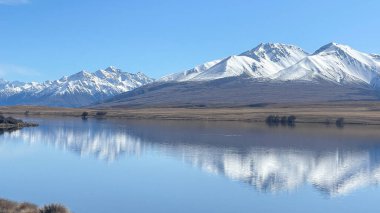 Clearwater Gölü kıyısında Hakatere koruma parkındaki güney Alpleri 'nin altında çimenli bir sahil.