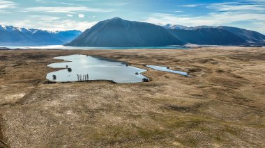 The way to Lake Ohau and the southern alps through alpine grasses and tundra terrain clipart