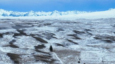 Drone perspective of snow covered agricultural land between Tekapo and pukaki clipart