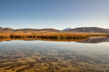 The arid extreme countryside around the shore of alpine Lakes in the Ashburton hills Hakatere conservation area clipart