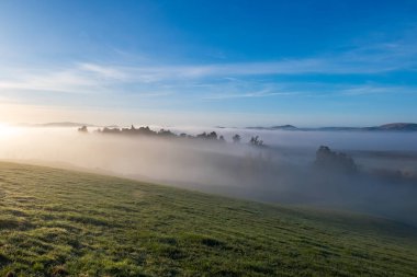 Vadide yoğun sis, tepelerin sisi ve tarlalarda buz. Gündoğumunda Berwick 'in kırsal tepelerinde (Dunedin' in güney batısında)