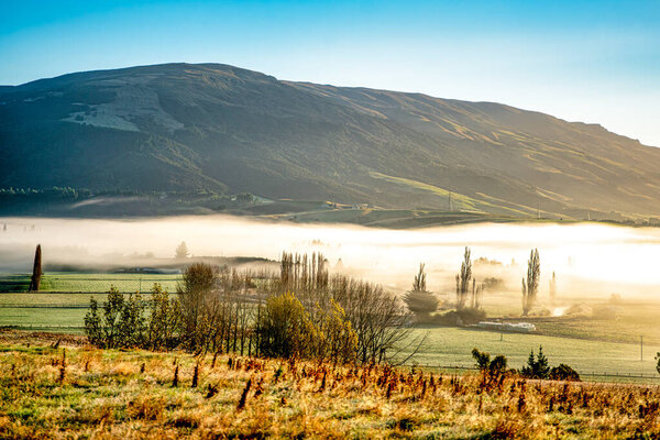 Густой туман в долине, туман холмов и мороз на полях. Высота над сельскими холмами Бервика (юго-запад от Дунедина) на восходе солнца