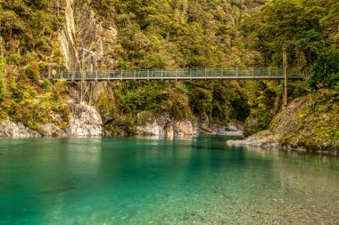 Mavi kaplıcalardaki saf turkuaz su Haast Geçidi 'ndeki Makaroa yakınlarında Batı Yakası' na doğru yol alıyor.
