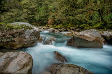 Te Anau Milford otoyolu üzerindeki Cleddau nehrinde nehir akıntısı