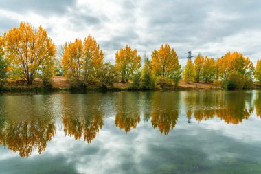 Kellands Gölü manzarası ve canlı sonbahar rengi Ruataiwha Gölü 'nün bir kolunda, Twizel balık tutmak için harika.