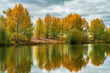 Kellands Gölü manzarası ve canlı sonbahar rengi Ruataiwha Gölü 'nün bir kolunda, Twizel balık tutmak için harika.