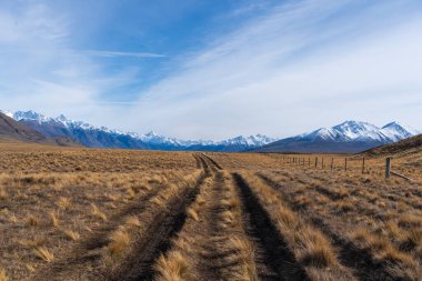 Arka planda Güney Alpleri ile Ashburton Gölü bölgesinde uzak Alp Gölü çevresinde yürüyüş yapmak.