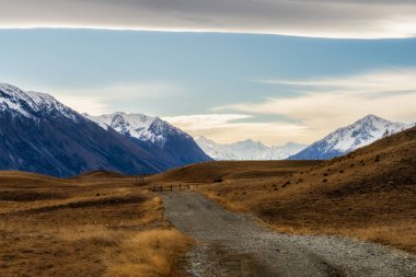 Tekapo Gölü 'nün kıyısındaki Lilybank yolundan karlı Cook Dağı sıradağlarına doğru gidiyor.