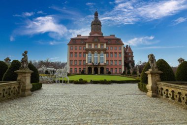 Old historical Ksiaz Castle , Zamek Ksi, outdoors , closeup. Walbrzych city. Lower Silesia. Poland. Famous tourist landmark, tourism destinatio