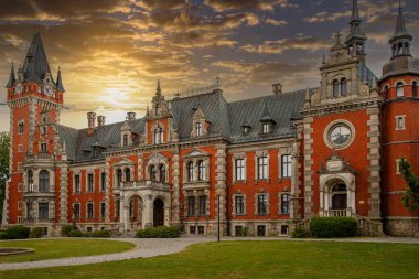 Fairy old historical Plawniowice palace , Pawniowice zamek, in Pawniowice village (Gmina), outdoor. Poland. Europe. Tourist landmark clipart