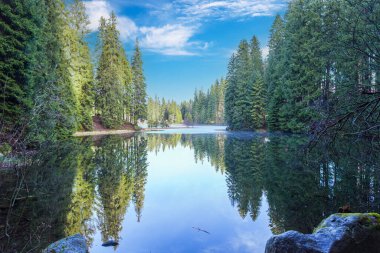 Donmuş tarn Vrbicke Gölü, Vrbick pleso, dağlarla çevrili, kışın Alçak Tatras 'taki en büyük doğal göl ve buzul gölüdür. Doğal Slovakya anıtı. Demanovska vadisi. Slovakya. Turizm merkezi, turizm merkezi