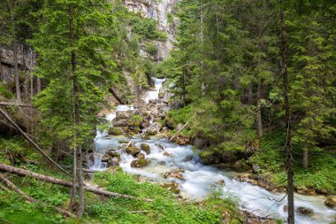 Cascate Di Fanes. Fanes Şelaleleri yürüyüşü. Atkuyruğu manzarası. Cortina d'Ampezzo . Dolomitler. İtalya. Dağ geçidinde güzel şelaleler. Hikihg ve aktif yaşam için ünlü turizm merkezi