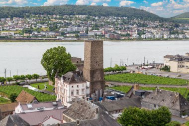 Almanya 'da Ruedesheim am Rhein kasabasının havadan görünüşü ve yaz günü Ren Nehri Vadisi' ndeki üzüm bağları. Almanya