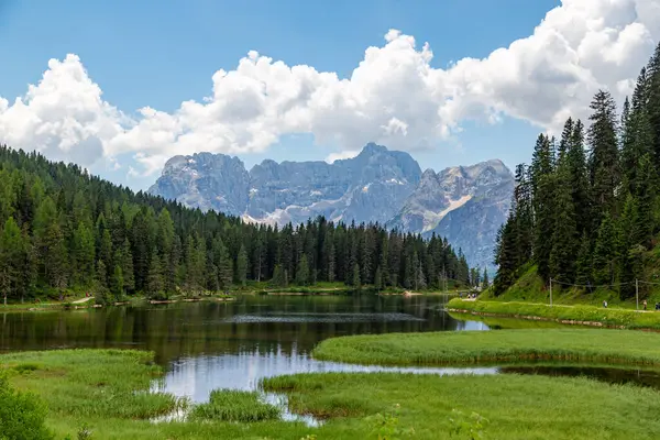 Yazın Misurina Gölü 'nün (Lago di Misurina) doğal manzarası. Cadore bölgesi, Dolomitler, İtalya. Ünlü turizm beldesi. 