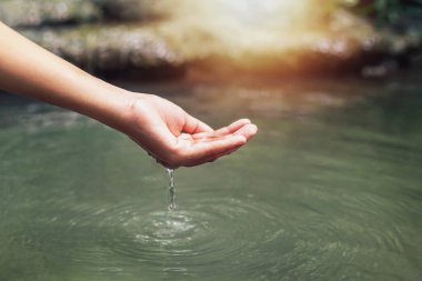 Doğanın ortasında bir kadının eli suya dokunuyor.