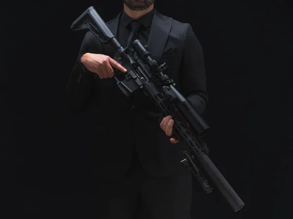 Man Black Suit Holding Assault Rifle Secret Service Man Black — Stock Photo, Image