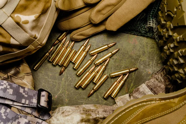 Military Rounds Bullets Arranged Old Scratched Green Metal Background Rough — Stock Photo, Image