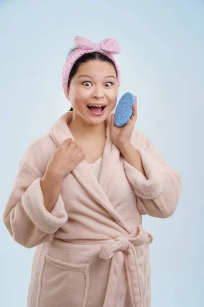 Cheerful Middle Aged Asian Woman Wearing Bathrobe Skin Care Patch — Stock Photo, Image
