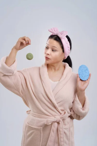 Funny Mid Aged Asian Woman Bathrobe Making Choice Skin Care — Stock Photo, Image