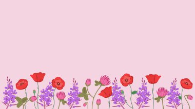 Farklı kır çiçekleriyle pankart. Düz biçimli güzel tasarım şablonu.