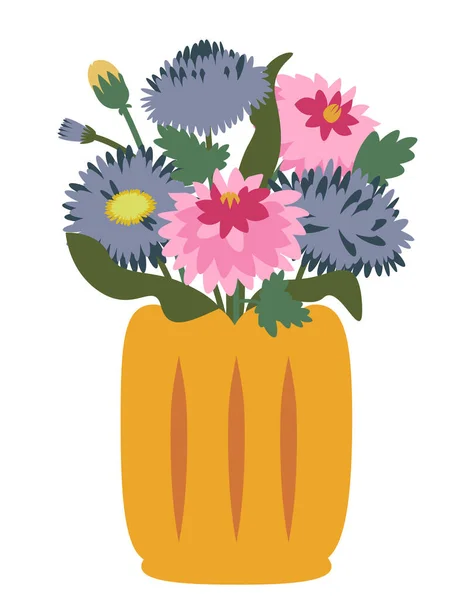 Vase Mit Dahlien Und Astern Vorhanden Schöne Gartenblumen — Stockvektor