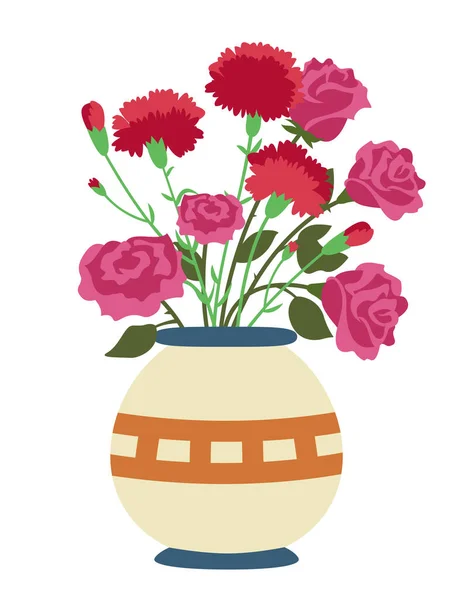 Vase Mit Rosen Und Nelken Vorhanden Schöne Gartenblumen — Stockvektor