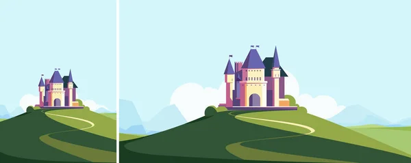 Burg Auf Dem Hügel Der Sommersaison Landschaft Mit Mittelalterlichem Bauwerk — Stockvektor