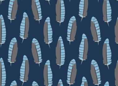 Seamless pattern with blue jay feathers. Beautiful nature texture in flat style.