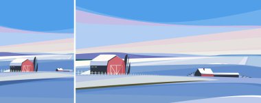 Farm in winter season. Agricultural landscape in different formats.