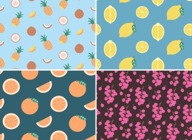 Farklı meyveleri olan bir desen seti. Düz biçimdeki güzel dokular.