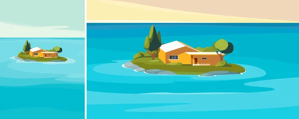 Θαλασσινό Τοπίο Πορτοκαλί Σπίτι Στο Νησί Φυσικό Τοπίο Διαφορετικές Μορφές — Διανυσματικό Αρχείο