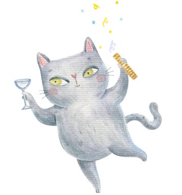 Ukrayna kedisi, beyaz arka planda izole edilmiş suluboya resimleriyle Ukrayna zaferine seviniyor.