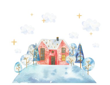 Dağlarla, karla, tepelerle, bulutlarla, evlerle ve ağaçlarla kaplı kış manzarası