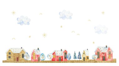 Dağlarla, karla, tepelerle, bulutlarla, evlerle ve ağaçlarla kaplı kış manzarası