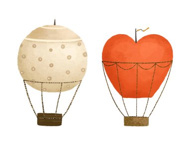 cute childish illustration with hot air balloon, journey, trip set. Baby art, sticker
