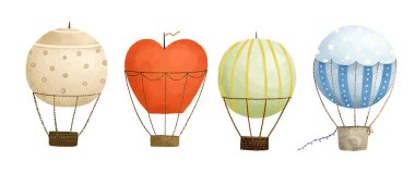 cute childish illustration with hot air balloon, journey, trip set. Baby art, sticker