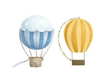 cute childish illustration with hot air balloon, journey, trip set. Baby art, sticker
