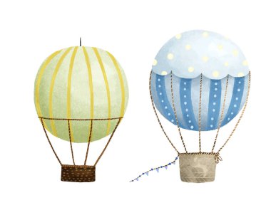 cute childish illustration with hot air balloon, journey, trip set. Baby art, sticker