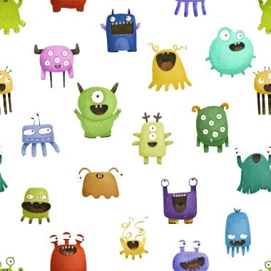 endless pattern with monsters, funny cartoon monsters, mutants, comoc childish illustration