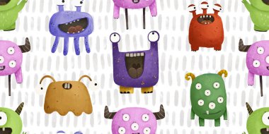 endless pattern with monsters, funny cartoon monsters, mutants, comoc childish illustration