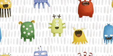 endless pattern with monsters, funny cartoon monsters, mutants, comoc childish illustration