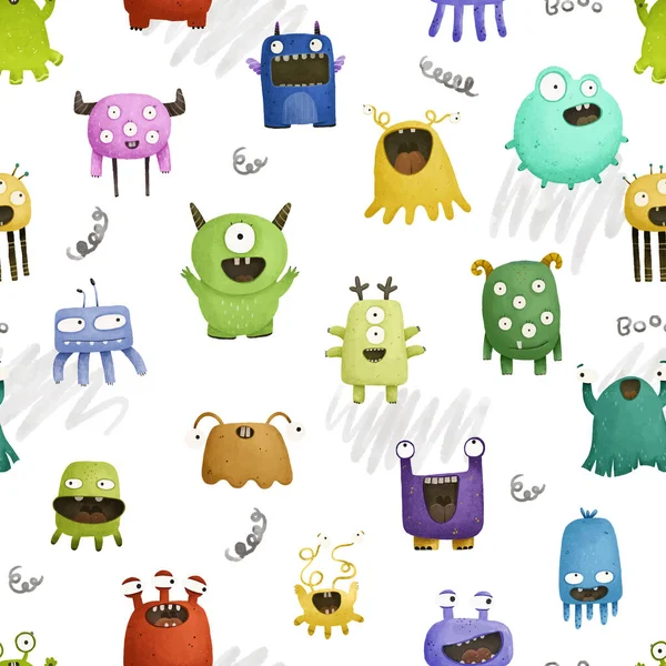 endless pattern with monsters, funny cartoon monsters, mutants, comoc childish illustration