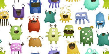 cute seamless pattern with monsters, childish illustration, baby design
