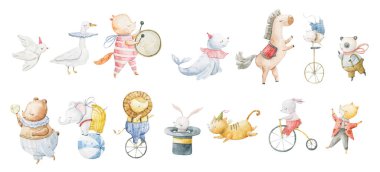 Cute circus cartoon vector illustration. Watercolor illustrations on a posters and banners for a circus shows, animal, magician, character,  juggling,  and circus motives. Childish illustratio