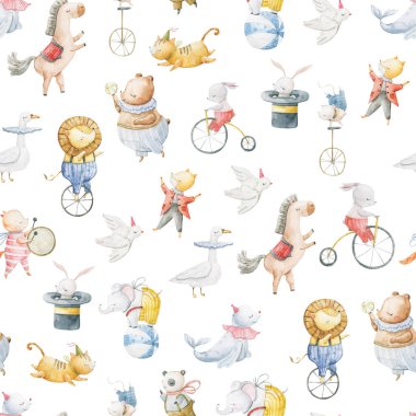 seamless, endless pattern with circus. Funny characters, trained animals on transport, jumping show, perfomance. Children's illustration, textile design, print on white background