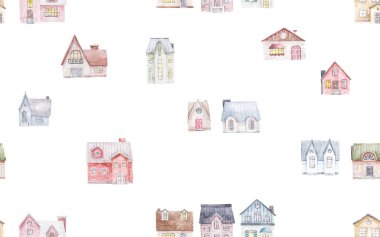 endless pattern with city houses, town landscape, watercoloe seamless illustration, wallart