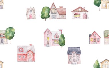 endless pattern with city houses, town landscape, watercoloe seamless illustration, wallart