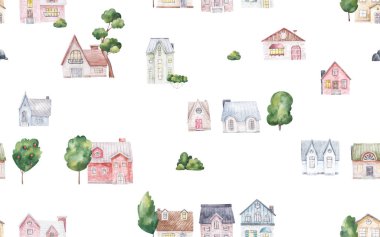 endless pattern with city houses, town landscape, watercoloe seamless illustration, wallart