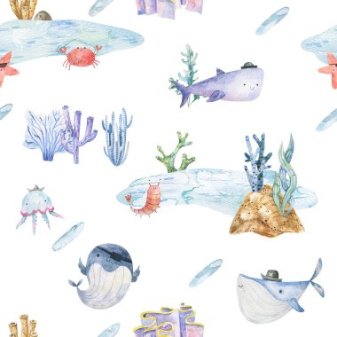 Seamless pattern with sea creatures. Endless underwater life background. Fish, jellyfish, shark, flora, sea shell, corals, starfish. Ocean wallpaper, textile, wall art, fabric print. Summer vacation. Coral reef watercolor illustration.