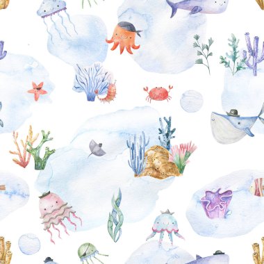 Seamless pattern with sea creatures. Endless underwater life background. Fish, jellyfish, shark, flora, sea shell, corals, starfish. Ocean wallpaper, textile, wall art, fabric print. Summer vacation. Coral reef watercolor illustration.
